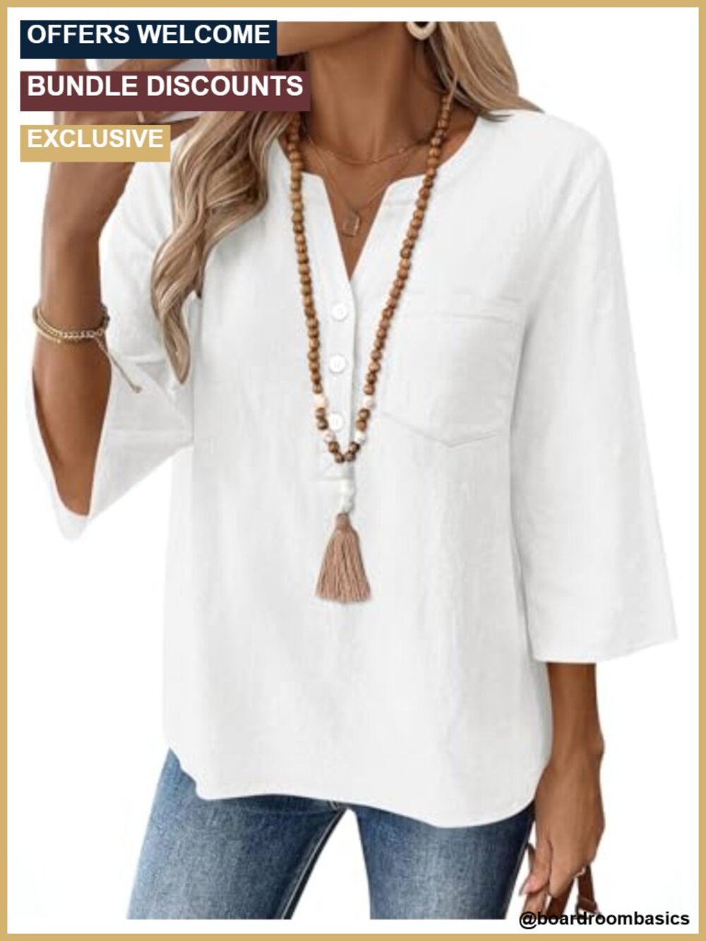 Cotton Linen 3/4 Sleeve V Neck Loose Fit Casual Blouse